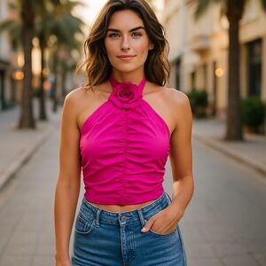 Endless Rose Hot Pink Ruched Halter Crop Top Rose Flower Accent Size S